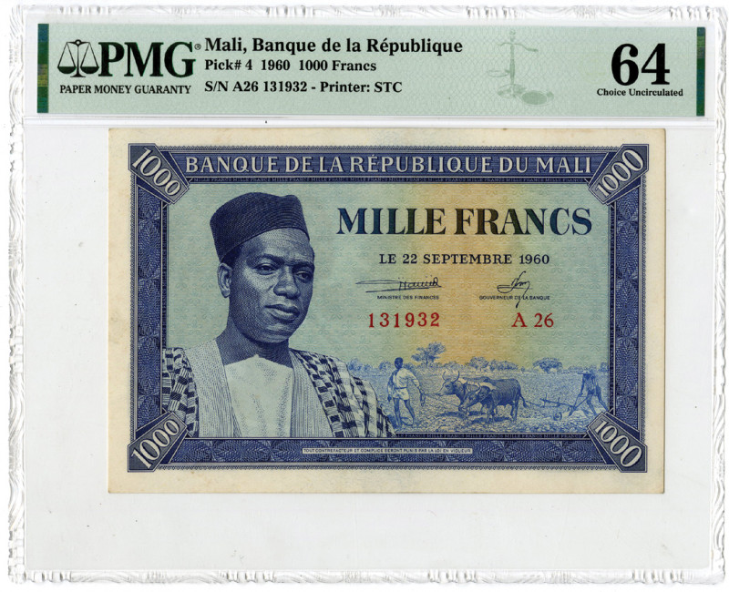 Mali, 1960. 1000 Francs, P-4, Issued Banknote. Blue on m/c underprint with portr...
