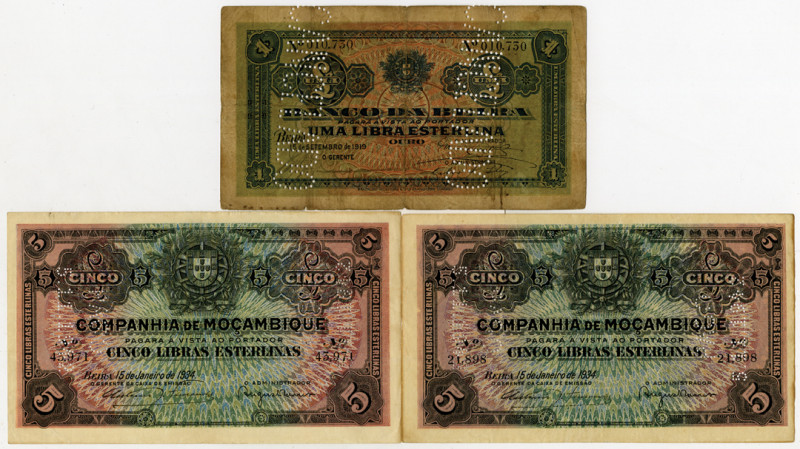 Mozambique.... 3 pieces: Banco da Beira: 1919 1 Libra, P-R6c, Issued banknote, B...