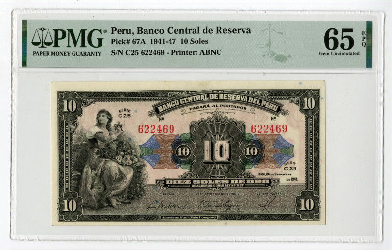 Peru. 1941-47. 10 Soles, P-67A, Issued banknote, Black on multicolor underprint,...