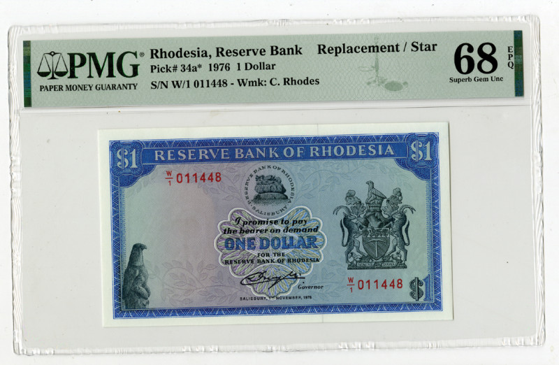 Rhodesia. 1976. 1 Dollar, Blue on m/c, Arms at right, back blue and m/s, P-34a*,...