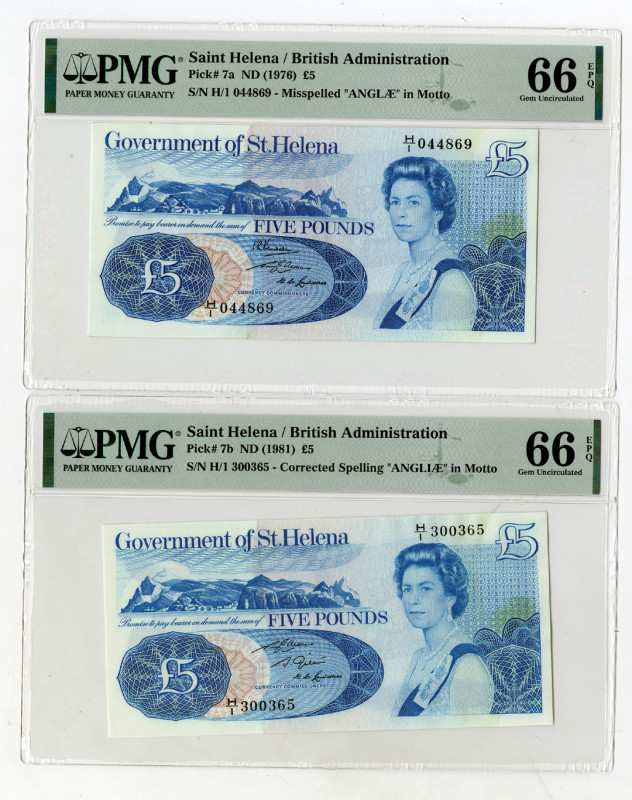Saint Helena. ND (1976-1981). Lot of 2 notes, includes: 5 Pounds, P-7a, Misspell...