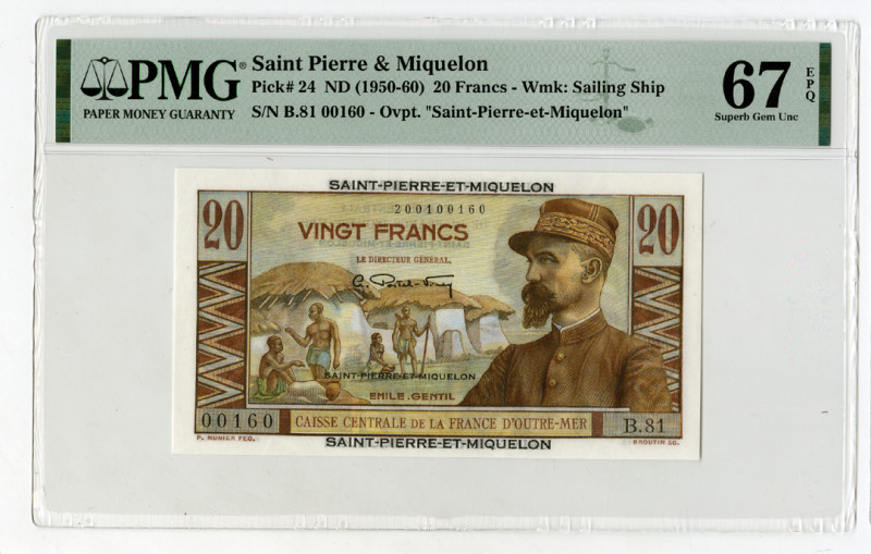 Saint Pierre & Miquelon. ND (1950-1960). 20 Francs, P-24, issued banknote, PMG G...