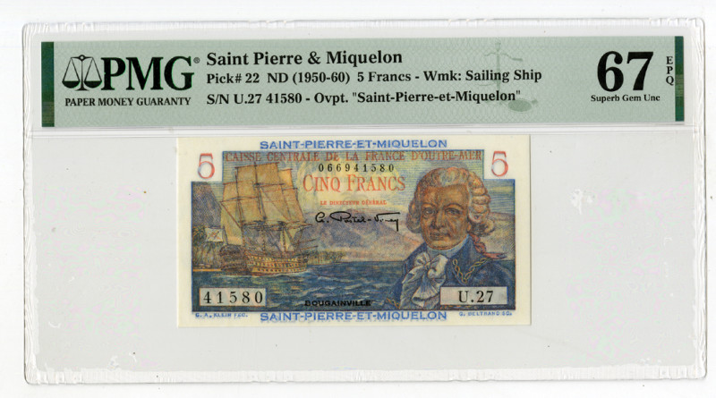 Saint Pierre & Miquelon. ND (1950-1960). 5 Francs, P-22, issued banknote, PMG Gr...