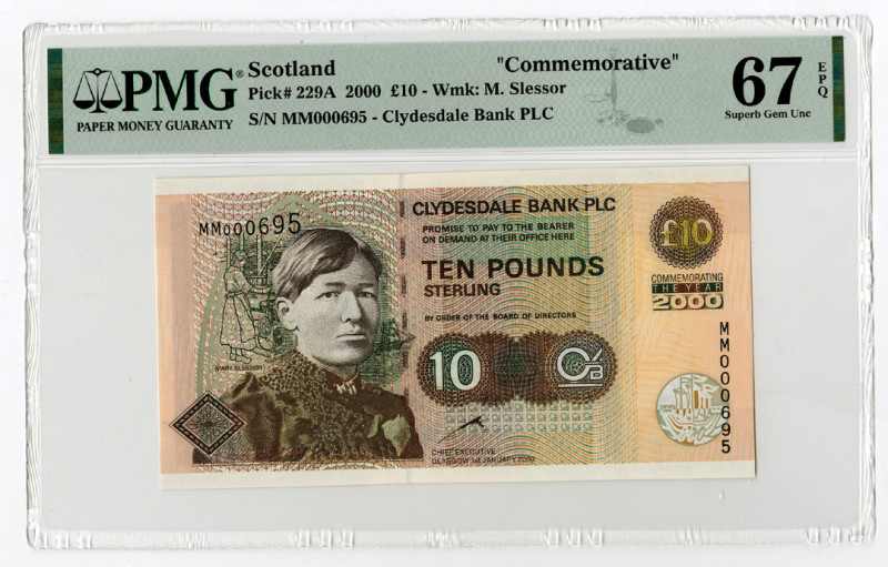 Scotland, 2000. 10 Pounds, P-229A Issued Banknote. Dark brown on m/c underprint ...