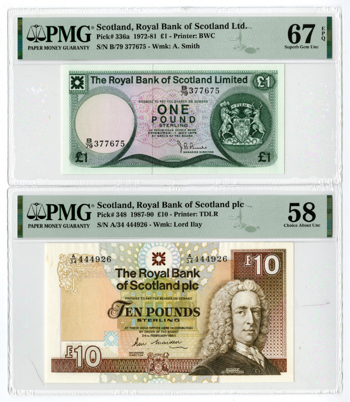 Scotland. 1972-90. 2 Issued banknotes: 1979, 1 Pound, P-336a, Green and multicol...