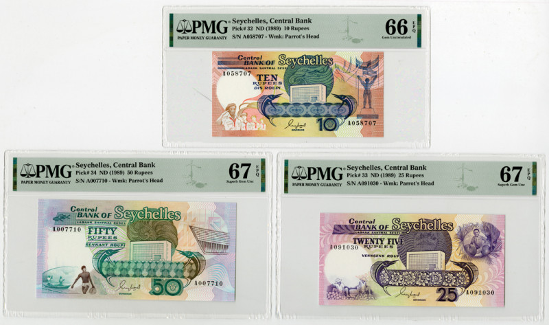 Seychelles. ND (1989). Lot of 3 Issued banknotes: 10 Rupees, P-32, PMG graded Ge...