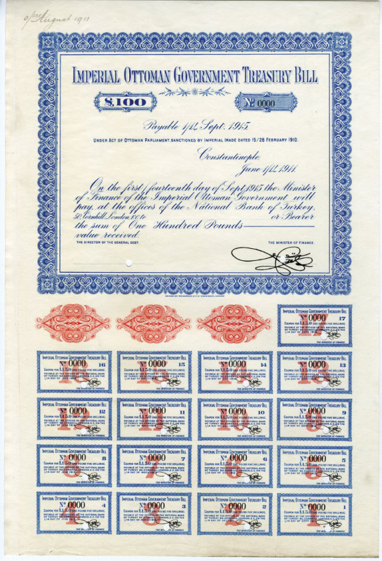 Constantinople, Turkey, June 11, 1911. 100 Pounds Specimen Treasury Bill, Under ...