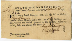State of Connecticut, Pay-Table Office, 1781 Tax Pay Order Signed by Fenn Wadsworth and Jedediah Huntington