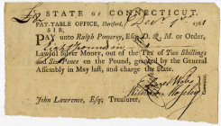 State of Connecticut, Pay-Table Office, 1781 Tax Pay Order Signed by Jedediah Huntington