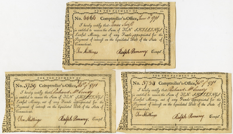 Connecticut, 1791. 3 pieces, all are I/C payments of lawful money out of any "Fu...