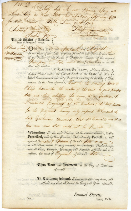 Baltimore, Maryland; 1802. Document noting attempt to collect on a promissory no...