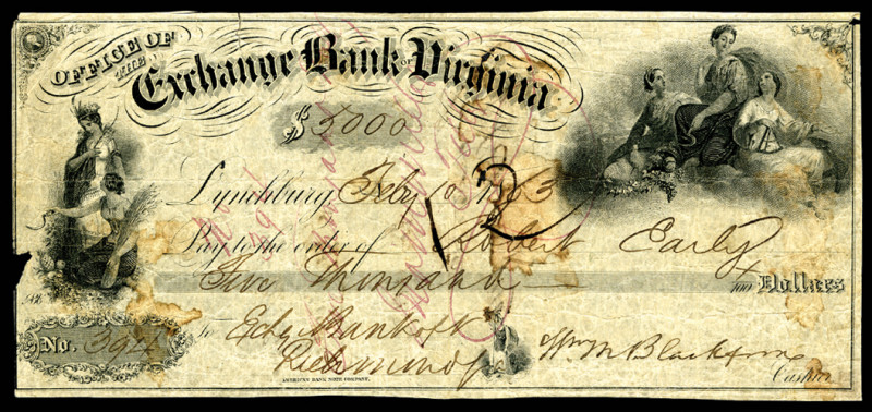 Lynchburg, Virginia, 1863, $5000 I/C draft or check made out to Robert Early and...