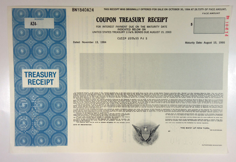 Washington, D.C., U.S. Coupon Treasury Receipt Specimen 11 1/8% 1988 $-Odd. U.S....