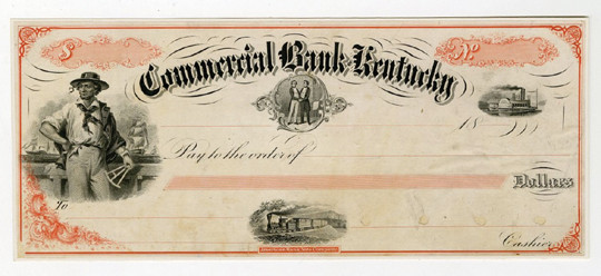 Kentucky, ca. 1860-70s. Proof Check mounted on cardstock, Black text with red-or...