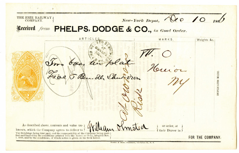 New York, 1866. Receipt from Erie Railway Co. showing that a shipment was receiv...