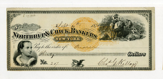 New York, 1872. $30 I/C Check, S/N 217, Black text with black border, Allegorica...