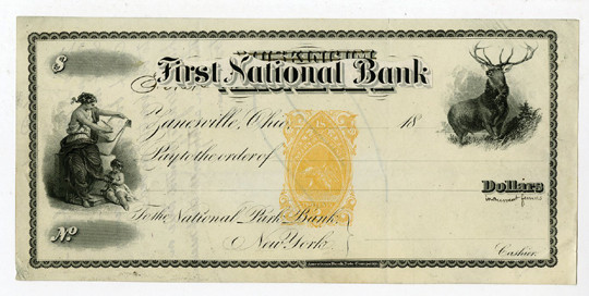 Zanesville, Ohio, ca.1860-70s Proof Mockup Draft from the First National Bank in...