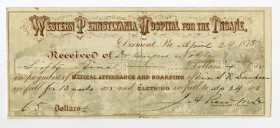Western Pennsylvania Hospital for the Insane, 1875 I/U Check Sized Receipt