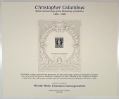 ABNC Souvenir Card Group of Christopher Columbus 500th Anniversary of the Discovery of America with Intaglio Printed Chile Stamp, 1 Centavo, 1901 Proo...