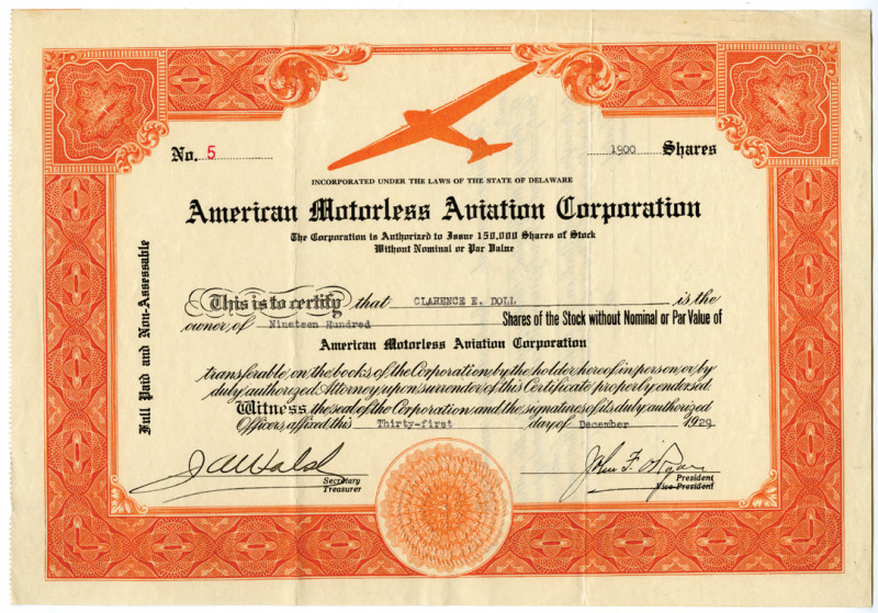 Delaware….. 1929. 1900 Shares I/U Capital Stock Certificate, S/N 5, Black printi...