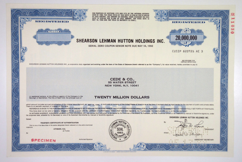 Delaware, 1988. $20,000,000, Specimen Registered Serial Zero Coupon Senior Note ...