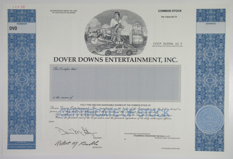Delaware. 1996, Odd shares specimen stock certificate, vignette of sports car, r...