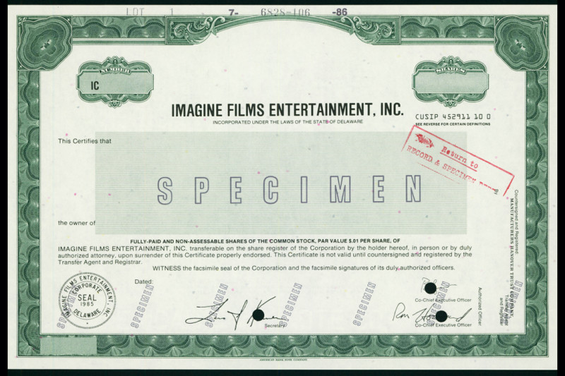 Delaware, 1986, Odd Shares, Specimen Stock, Black on green border and underprint...