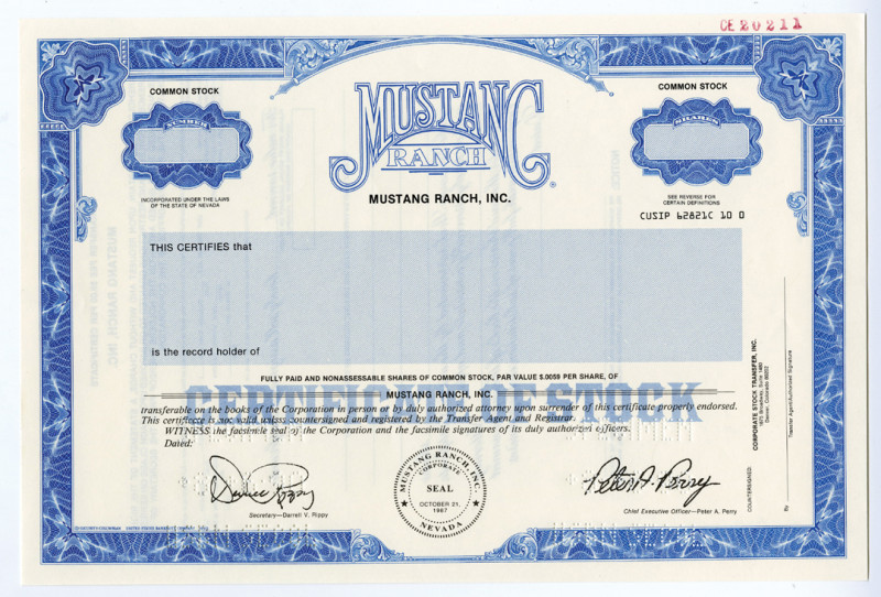 Nevada, 1990. Odd Shares Specimen Stock Certificate, Black text with blue border...