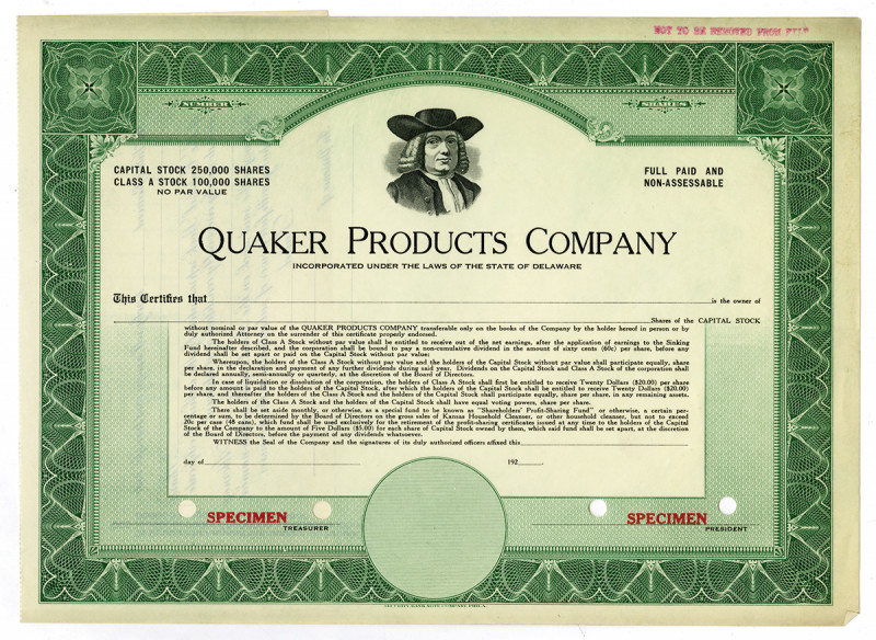 Delaware. Odd Shares Capital Stock Specimen Certificate, Black print on green bo...