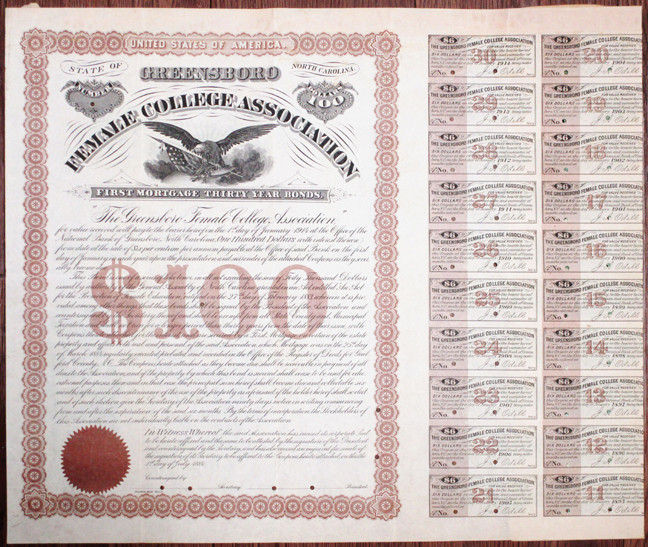 Greensboro, North Carolina, 1st July, 1884. $100 Specimen 6% First Mortgage Thir...