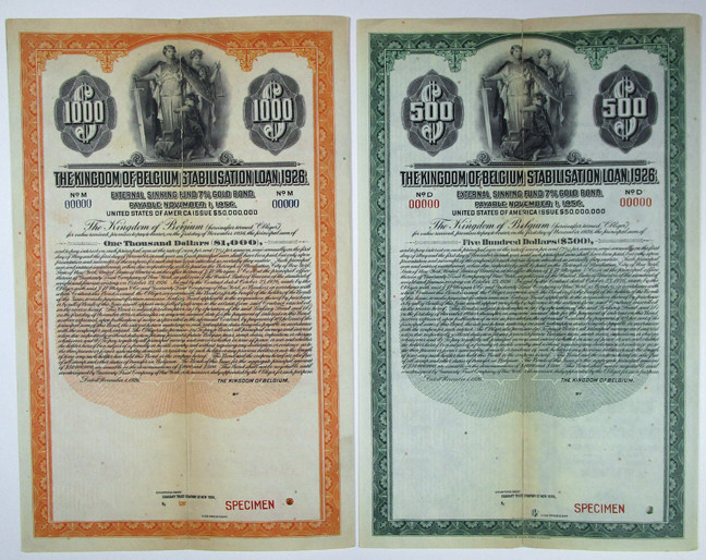 Belgium, November 1, 1926. Lot of 2 Specimen Bonds, both are External Sinking Fu...