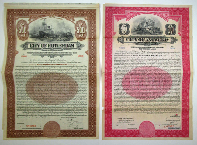 Belgium & The Netherlands, 1924-28. Lot of 2 Specimen Bonds, Includes: 1928, Cit...