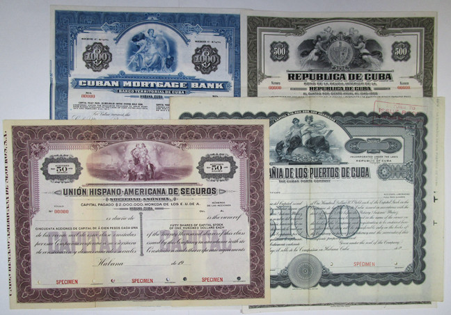 Cuba, ca. 1900 to 1949. Lot of 4 Specimen Bonds, Includes: Cuban Mortgage Bank $...