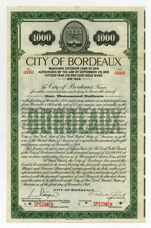 Bordeaux, France, 1919, $1000 (U.S.), Specimen Bond, Municipal Exterior Loan of ...