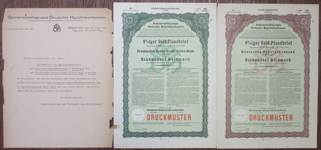Lot includes 2 Specimens dated 1928, the Prussian Boden-Credit-Actien-Bank in Be...