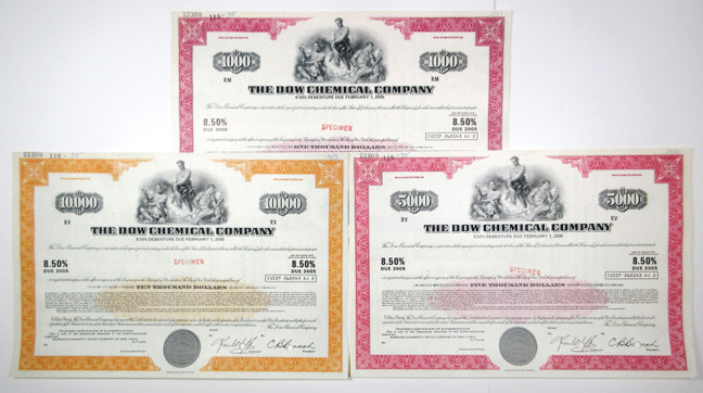 Delaware. 1975, Lot of 3 registered bonds. All are The Dow Chemical Co., Specime...