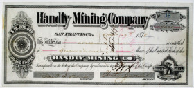 Handly Mining Co. 1878 I/U Stock Certificate, Bodie Mining District.