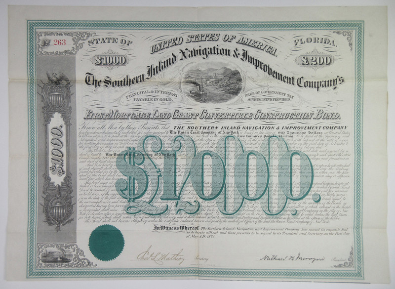 Florida. $1,000 I/U 7% 1st Land Grant Convertible Construction Coupon Bond, Blac...