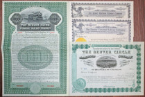 Denver Union Terminal Railway Co., 1914 Specimen Bond and Colorado Railroad Stock Certificate and Bond Quartet.