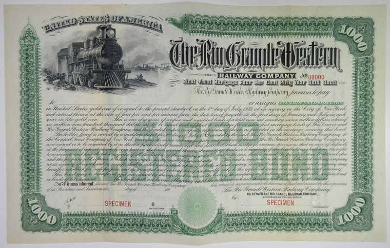 Colorado & Utah. $1000 Specimen 4% Registered First Trust Mortgage Gold Bond, Bl...