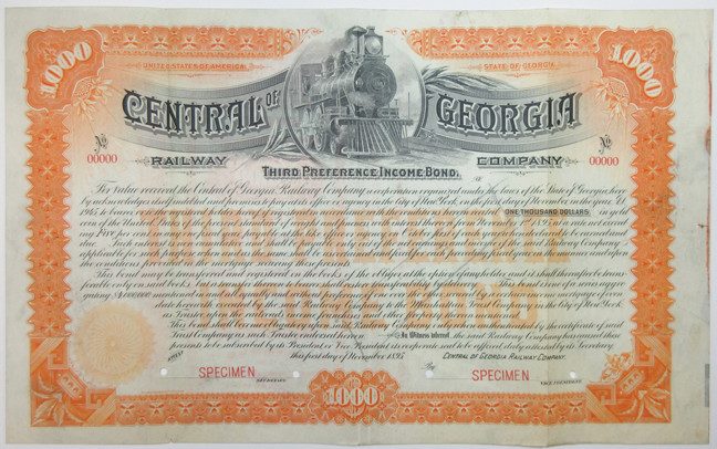 Georgia. $1,000 Specimen 5% third preference Income Bond, Black print on orange ...