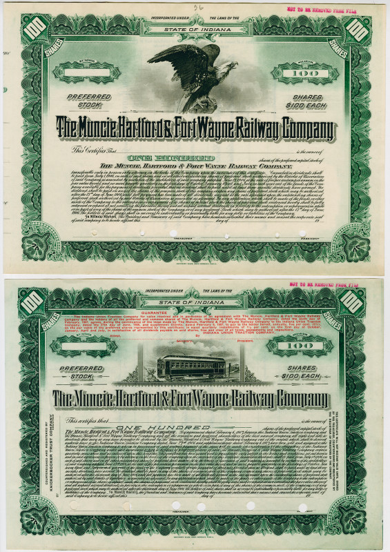 Indiana. lot of 2 different 100 Shares Preferred Stock Specimen Certificates, Bo...