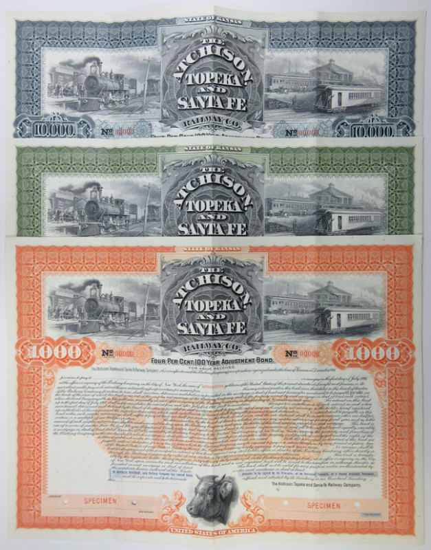 MO. KS. Trio of Specimen Bonds. 1) $1,000 Registered 4% Specimen One Hundred Yea...