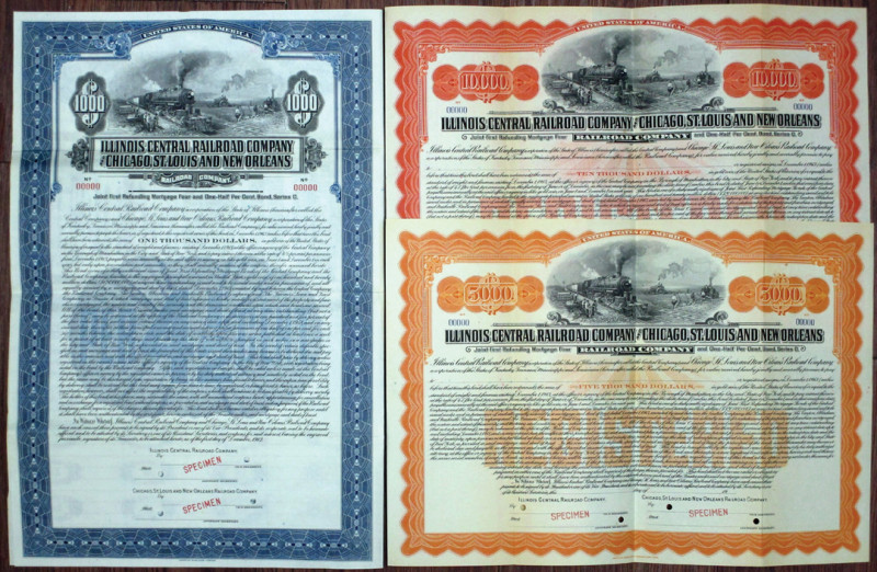 KY, TN, MS & LA, 1913. 3 pieces: $1000 Specimen 4.5% Joint First Refunding Mortg...