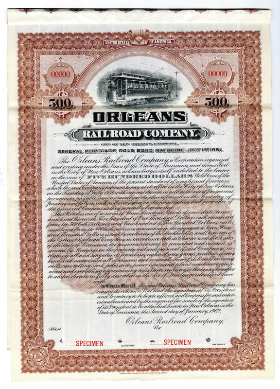 New Orleans, LA. $500, Specimen 5% Gold Coupon Bond, Black on brown border and u...