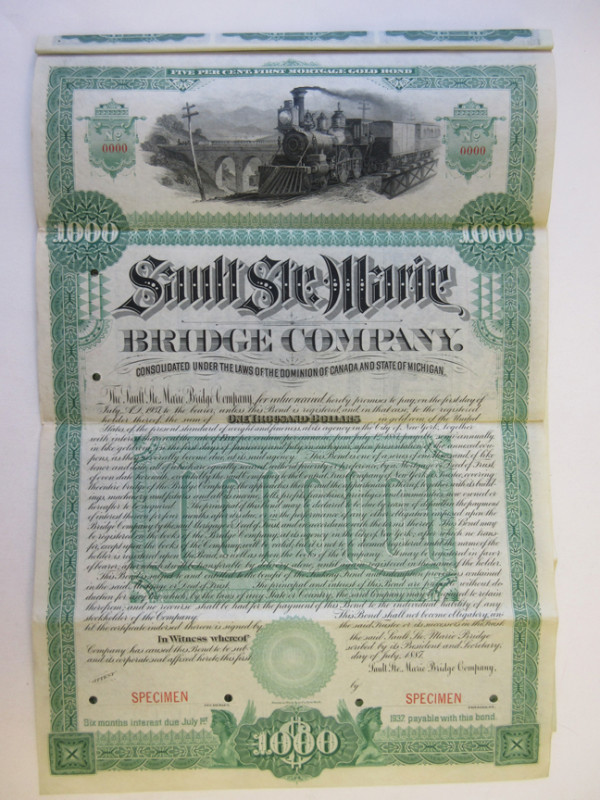 Michigan & Canada. $1,000 Specimen 5% 1st Mortgage Gold Coupon bond, Black print...