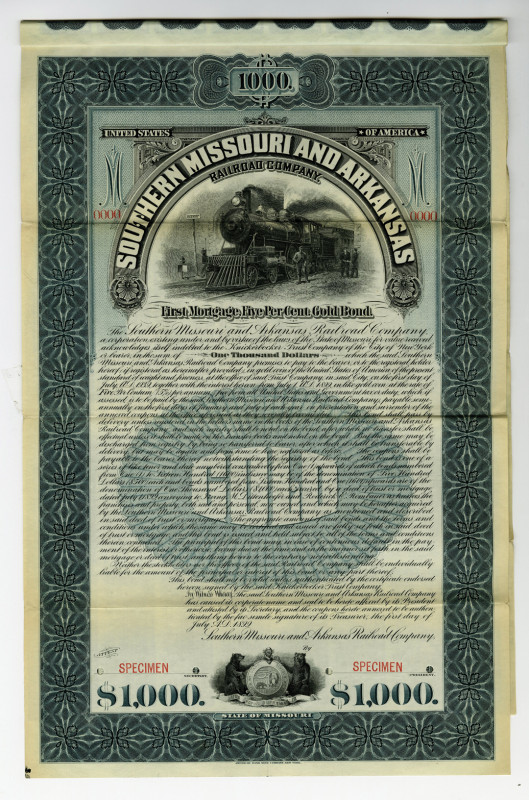 Missouri. $1000 1st Mortgage 5% Gold Coupon Bond, Specimen, Black on green borde...