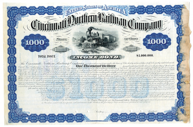 Ohio, 1881. $1000 Specimen 6% Income Registered Bond, Black text with blue borde...