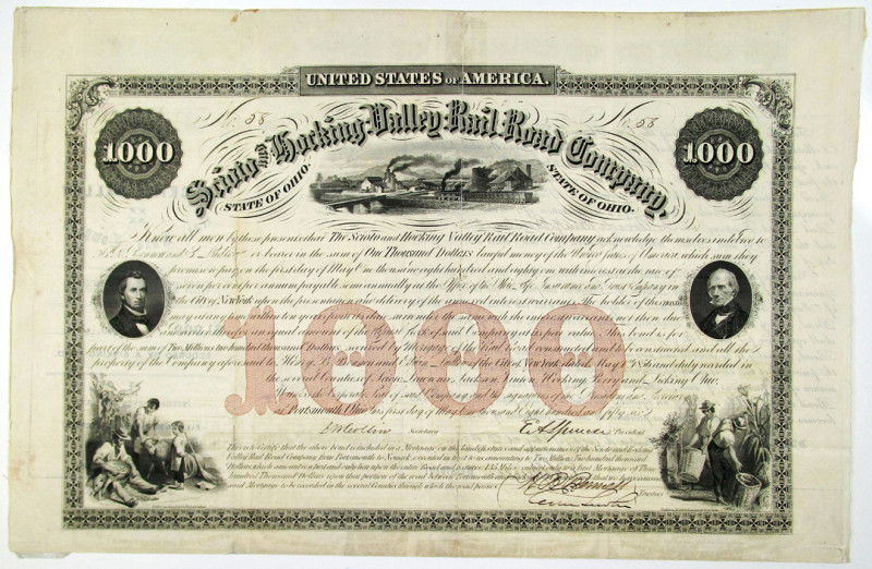 Ohio, 1856. $1000 I/U 7% First Mortgage Coupon Bond, S/N 58, Black text with bla...