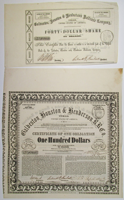 Texas, Lot of 2 pieces, Includes: $100 I/U 8% Coupon Certificate of Obligation B...